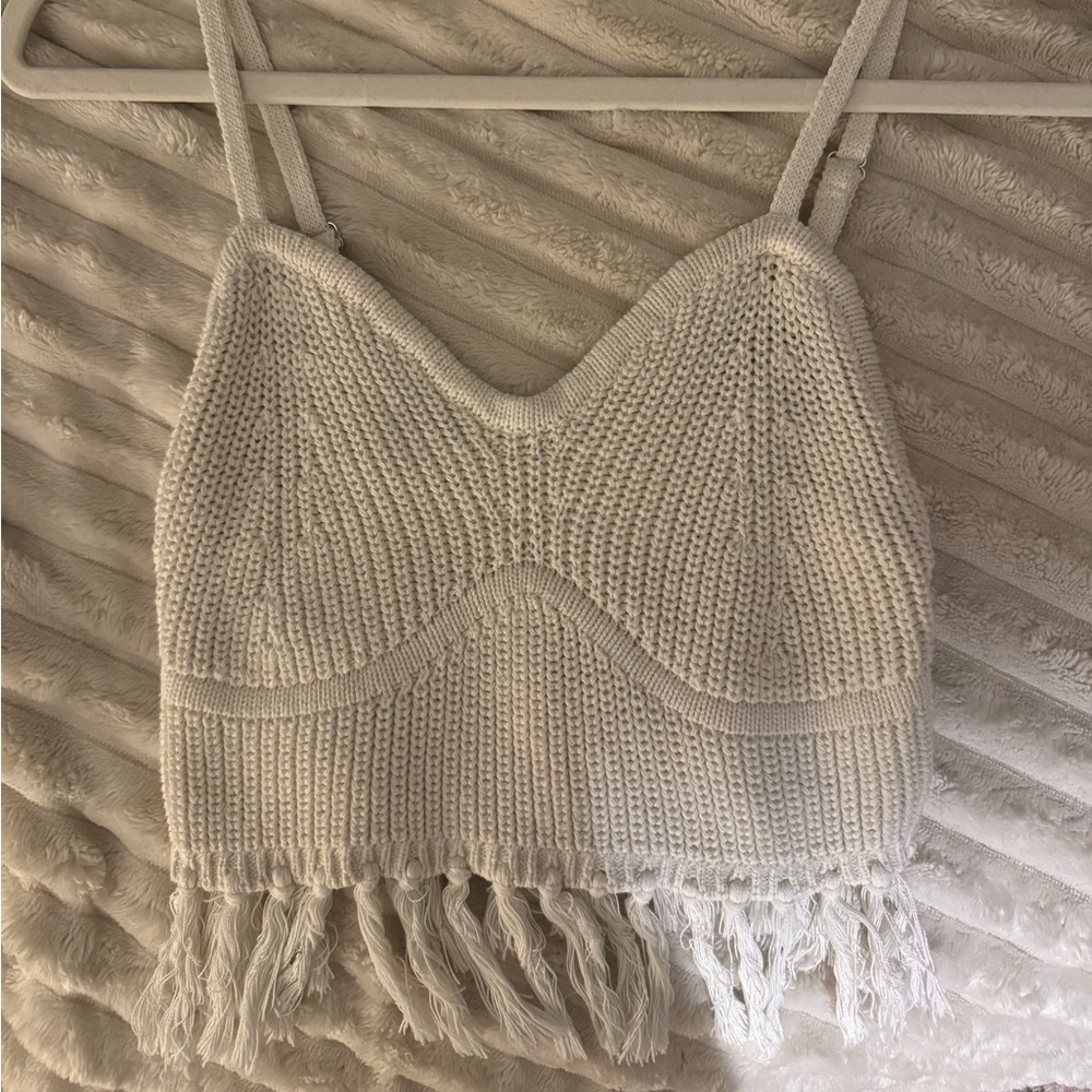 Cream Knit Fringe Crop Top